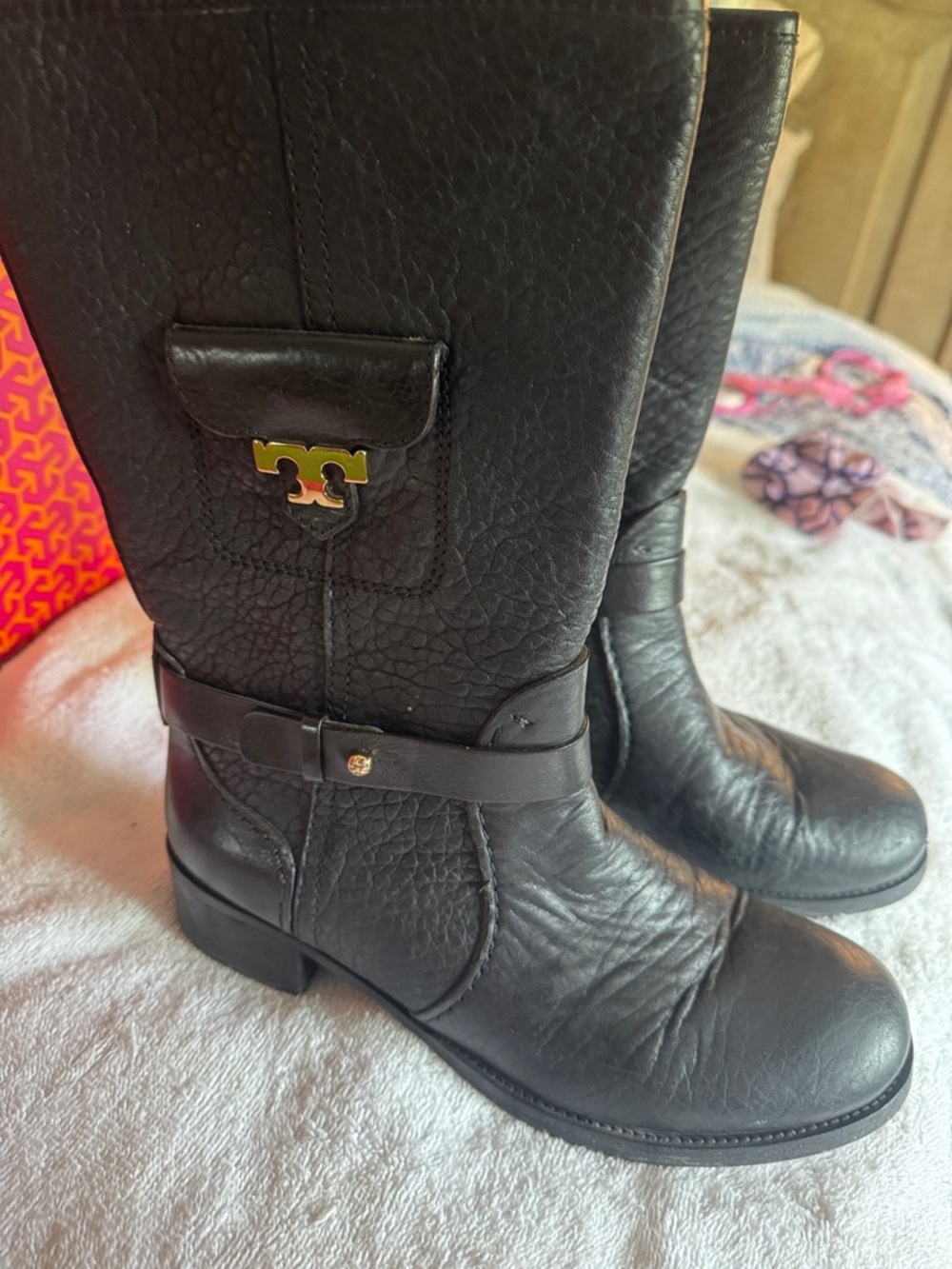 Tory Burch Black Boots with Pink and Orange Geometric Logo Box